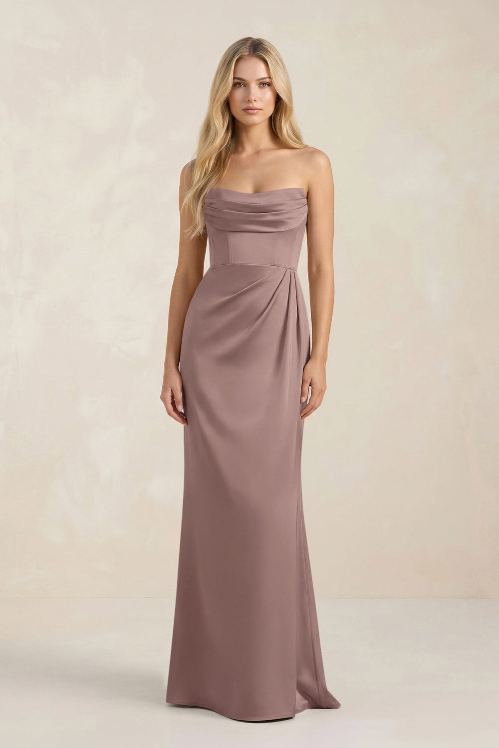 Cowl Neck Sheath Satin Bridesmaid Dress With Detachable Sleeves in Toffee - KissProm Bridesmaid Dresses