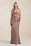 Cowl Neck Sheath Satin Bridesmaid Dress With Detachable Sleeves in Toffee - KissProm Bridesmaid Dresses