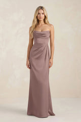 Cowl Neck Sheath Satin Bridesmaid Dress With Detachable Sleeves in Toffee - KissProm Bridesmaid Dresses