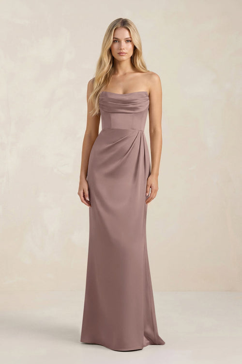 Cowl Neck Sheath Satin Bridesmaid Dress With Detachable Sleeves in Toffee - KissProm Bridesmaid Dresses