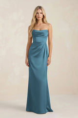 Cowl Neck Sheath Satin Bridesmaid Dress With Detachable Sleeves in Twilight - KissProm Bridesmaid Dresses