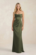 Cowl Neck Sheath Satin Bridesmaid Dress With Detachable Sleeves in Willow Green - KissProm Bridesmaid Dresses