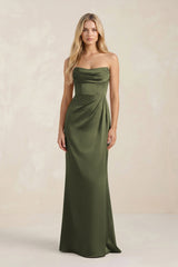Cowl Neck Sheath Satin Bridesmaid Dress With Detachable Sleeves in Willow Green - KissProm Bridesmaid Dresses