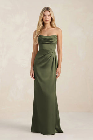 Cowl Neck Sheath Satin Bridesmaid Dress With Detachable Sleeves in Willow Green - KissProm Bridesmaid Dresses