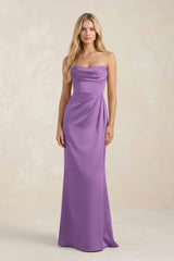 Cowl Neck Sheath Satin Bridesmaid Dress With Detachable Sleeves in Wisteria - KissProm Bridesmaid Dresses