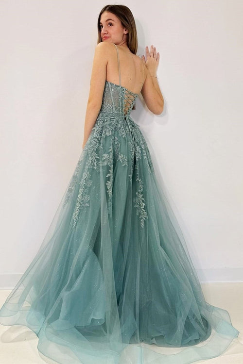 A Line Scoop Yellow Tulle Appliques Lace Prom Dress LBQ3161 main image 1