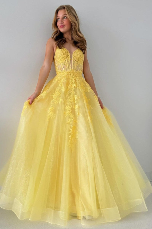 Cozy | Tulle Appliques Lace - Up A - Line Long Prom Dress - KissProm