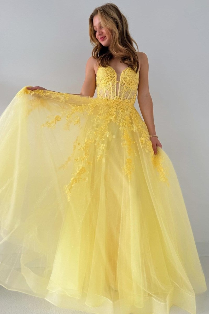 A-Line Yellow Tulle Applique Lace-Up Prom Dress main image 0