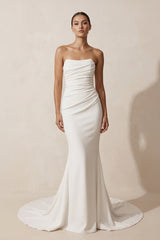 Crepe Strapless Ruched Mermaid Wedding Dress in Ivory - KissProm Wedding Dresses