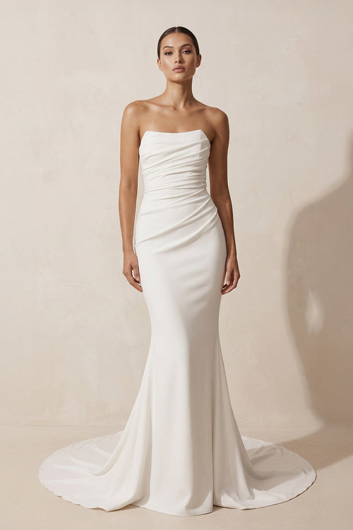 Crepe Strapless Ruched Mermaid Wedding Dress in Ivory - KissProm Wedding Dresses