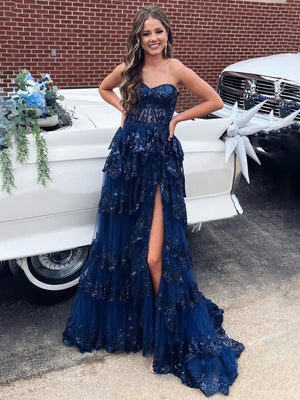 Sweetheart Navy Blue Appliques A-Line Ruffle Long Prom Dress Navy Blue / 2 Sweetheart Navy Blue Appliques A-Line Ruffle Long Prom Dress Navy Blue / 2