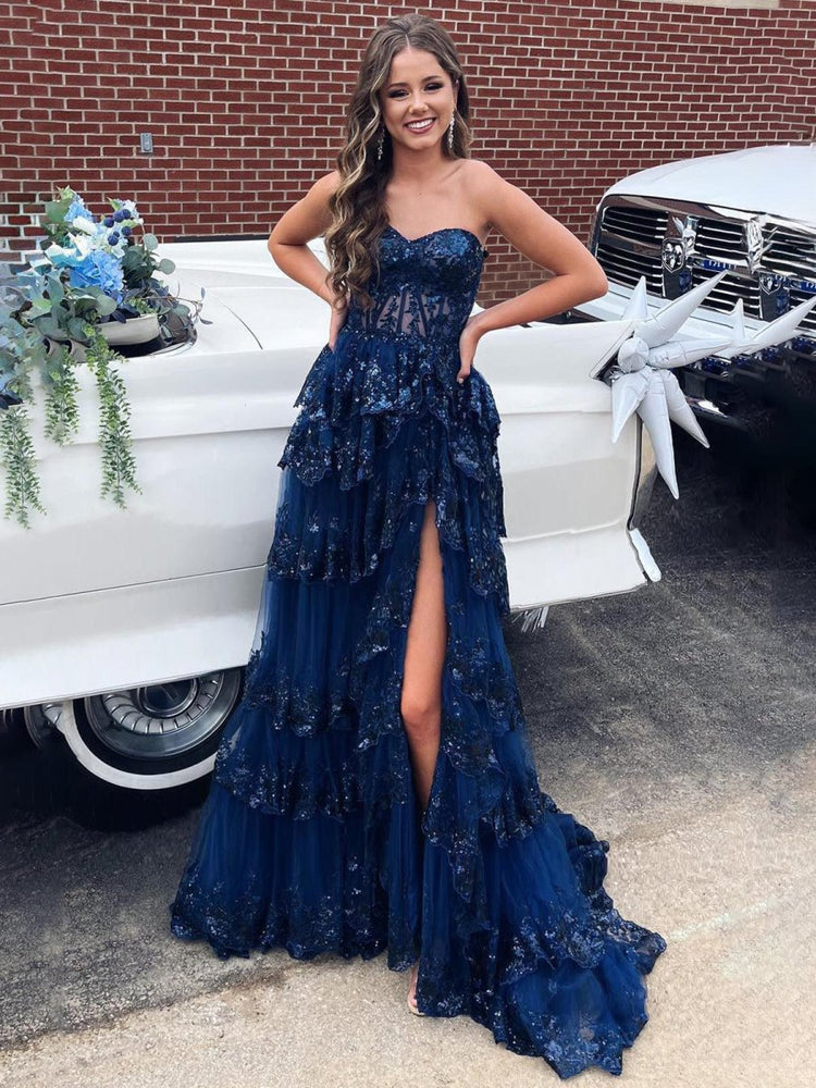 floor length prom dresses Sweetheart Navy Blue Appliques A-line Ruffle Long Prom Dress, Navy Blue / 2