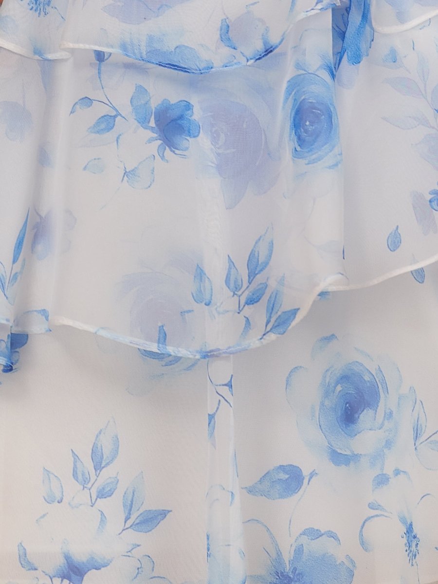 Blue - A Line Strapless Floral Chiffon Homecoming Dress with Beads Blue / 10