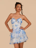 Crisa | Blue - A Line Strapless Floral Chiffon Homecoming Dress with Beads - KissProm