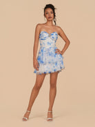 Crisa | Blue - A Line Strapless Floral Chiffon Homecoming Dress with Beads - KissProm