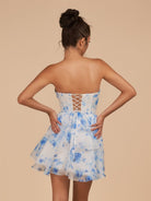 Crisa | Blue - A Line Strapless Floral Chiffon Homecoming Dress with Beads - KissProm