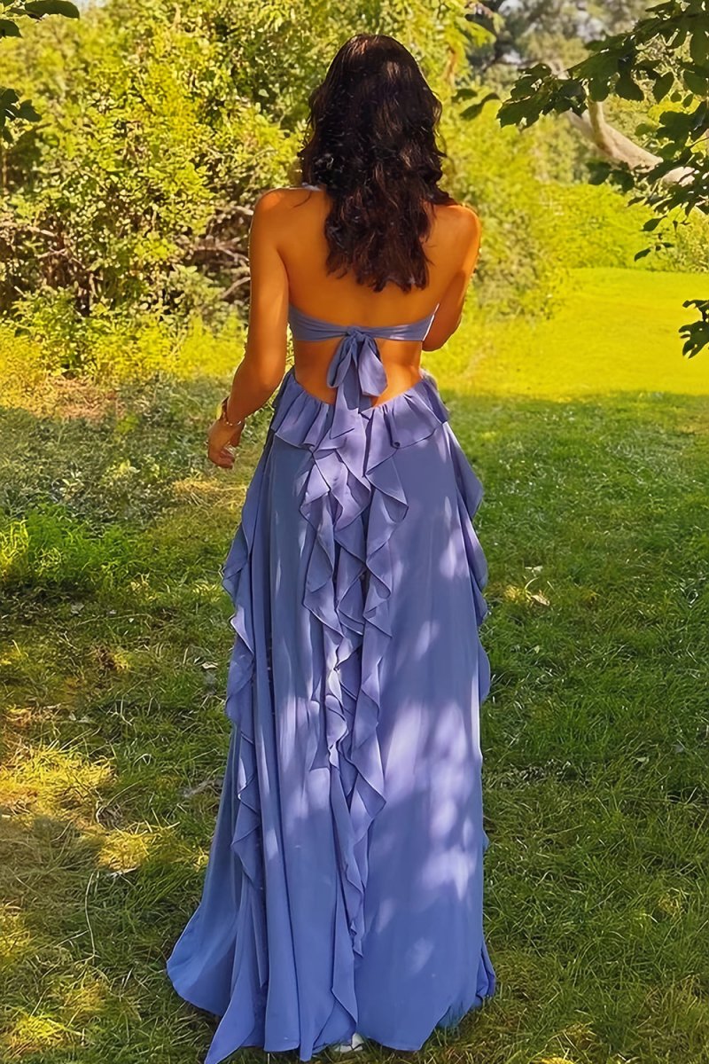 Crisia | Slate Blue - A - Line Halter Chiffon Ruffled Long Prom Dresses With Cut Out - KissProm