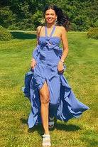 Crisia | Slate Blue - A - Line Halter Chiffon Ruffled Long Prom Dresses With Cut Out - KissProm