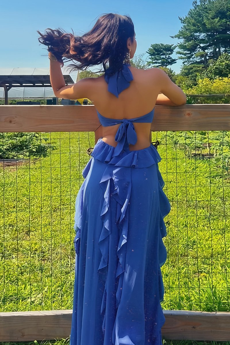 Crisia | Slate Blue - A - Line Halter Chiffon Ruffled Long Prom Dresses With Cut Out - KissProm