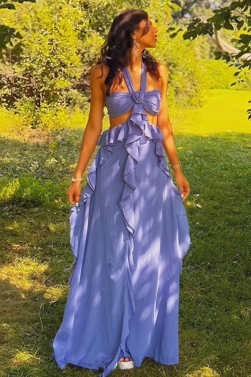 Crisia | Slate Blue - A - Line Halter Chiffon Ruffled Long Prom Dresses With Cut Out - KissProm