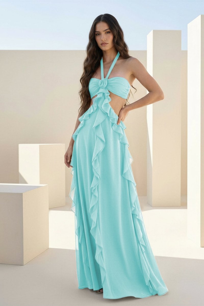 Crisia | Slate Blue - A - Line Halter Chiffon Ruffled Long Prom Dresses With Cut Out - KissProm
