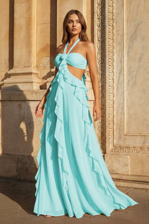Pink A - Line Halter Chiffon Ruffled Long Prom Dresses With Cut Out - KissProm