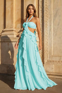 Pink A - Line Halter Chiffon Ruffled Long Prom Dresses With Cut Out - KissProm