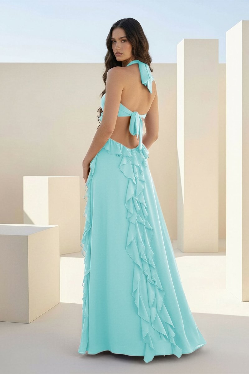 Crisia | Slate Blue - A - Line Halter Chiffon Ruffled Long Prom Dresses With Cut Out - KissProm