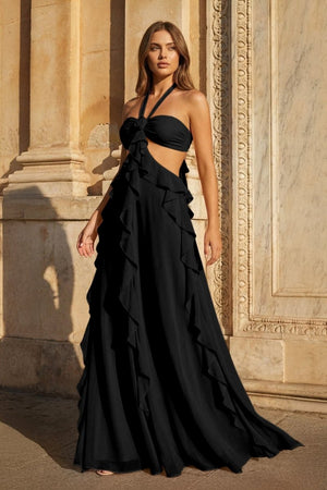 Pink A - Line Halter Chiffon Ruffled Long Prom Dresses With Cut Out - KissProm