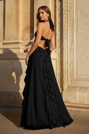 Pink A - Line Halter Chiffon Ruffled Long Prom Dresses With Cut Out - KissProm