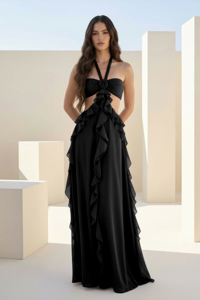 Crisia | Slate Blue - A - Line Halter Chiffon Ruffled Long Prom Dresses With Cut Out - KissProm