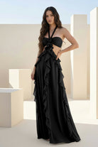 Crisia | Slate Blue - A - Line Halter Chiffon Ruffled Long Prom Dresses With Cut Out - KissProm