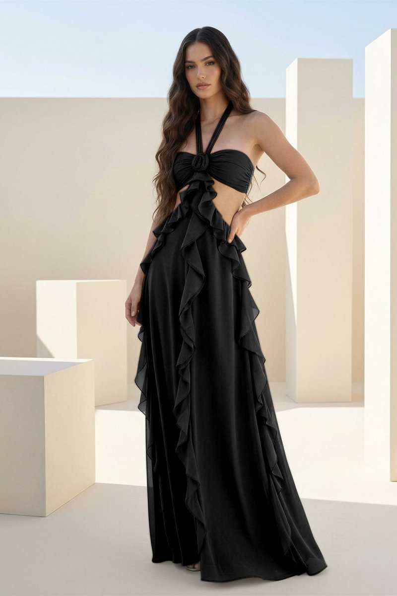 Crisia | Slate Blue - A - Line Halter Chiffon Ruffled Long Prom Dresses With Cut Out - KissProm