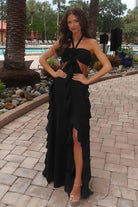 Crisia | Slate Blue - A - Line Halter Chiffon Ruffled Long Prom Dresses With Cut Out - KissProm