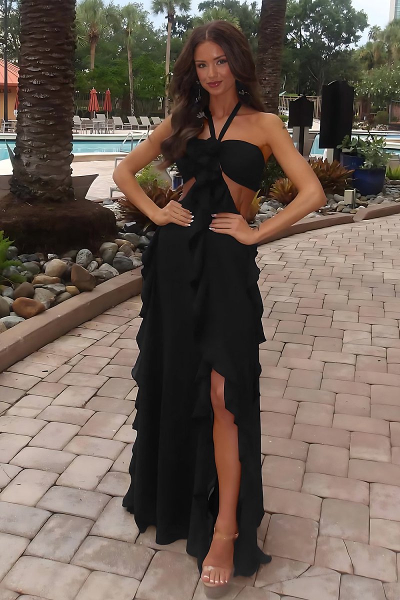 Crisia | Slate Blue - A - Line Halter Chiffon Ruffled Long Prom Dresses With Cut Out - KissProm