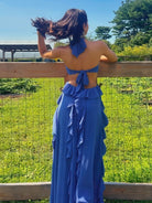 KissProm-Crisia Blue A - Line Halter Chiffon Ruffled Long Prom Dresses With Cut Out