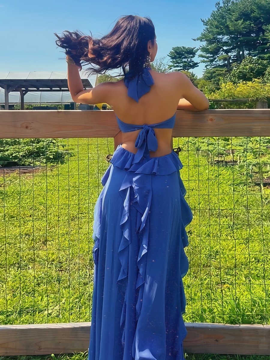 KissProm-Crisia Blue A - Line Halter Chiffon Ruffled Long Prom Dresses With Cut Out