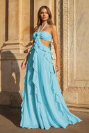 Pink A - Line Halter Chiffon Ruffled Long Prom Dresses With Cut Out - KissProm