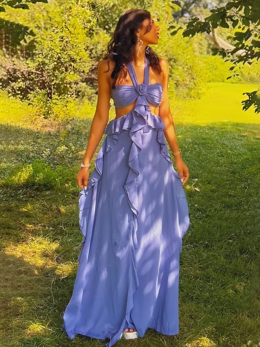 KissProm-Crisia Blue A - Line Halter Chiffon Ruffled Long Prom Dresses With Cut Out