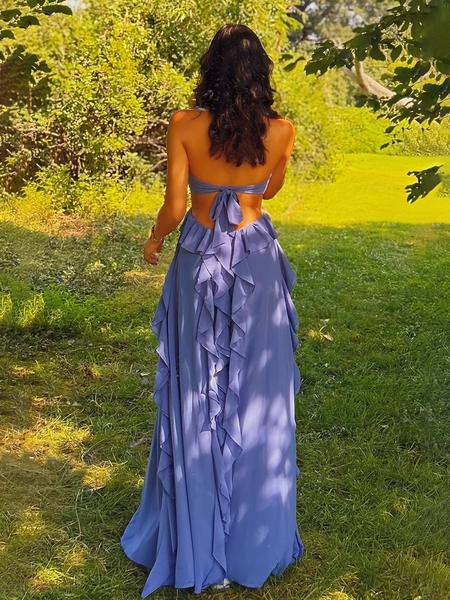 KissProm-Crisia Blue A - Line Halter Chiffon Ruffled Long Prom Dresses With Cut Out