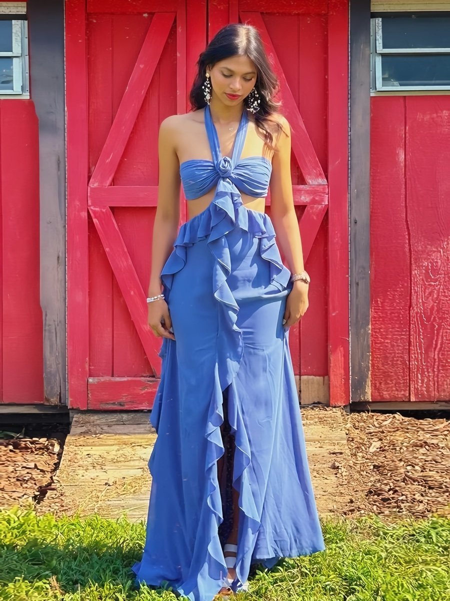 KissProm-Crisia Blue A - Line Halter Chiffon Ruffled Long Prom Dresses With Cut Out