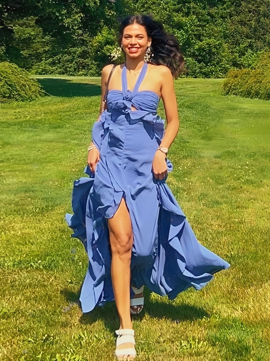 KissProm-Crisia Blue A - Line Halter Chiffon Ruffled Long Prom Dresses With Cut Out