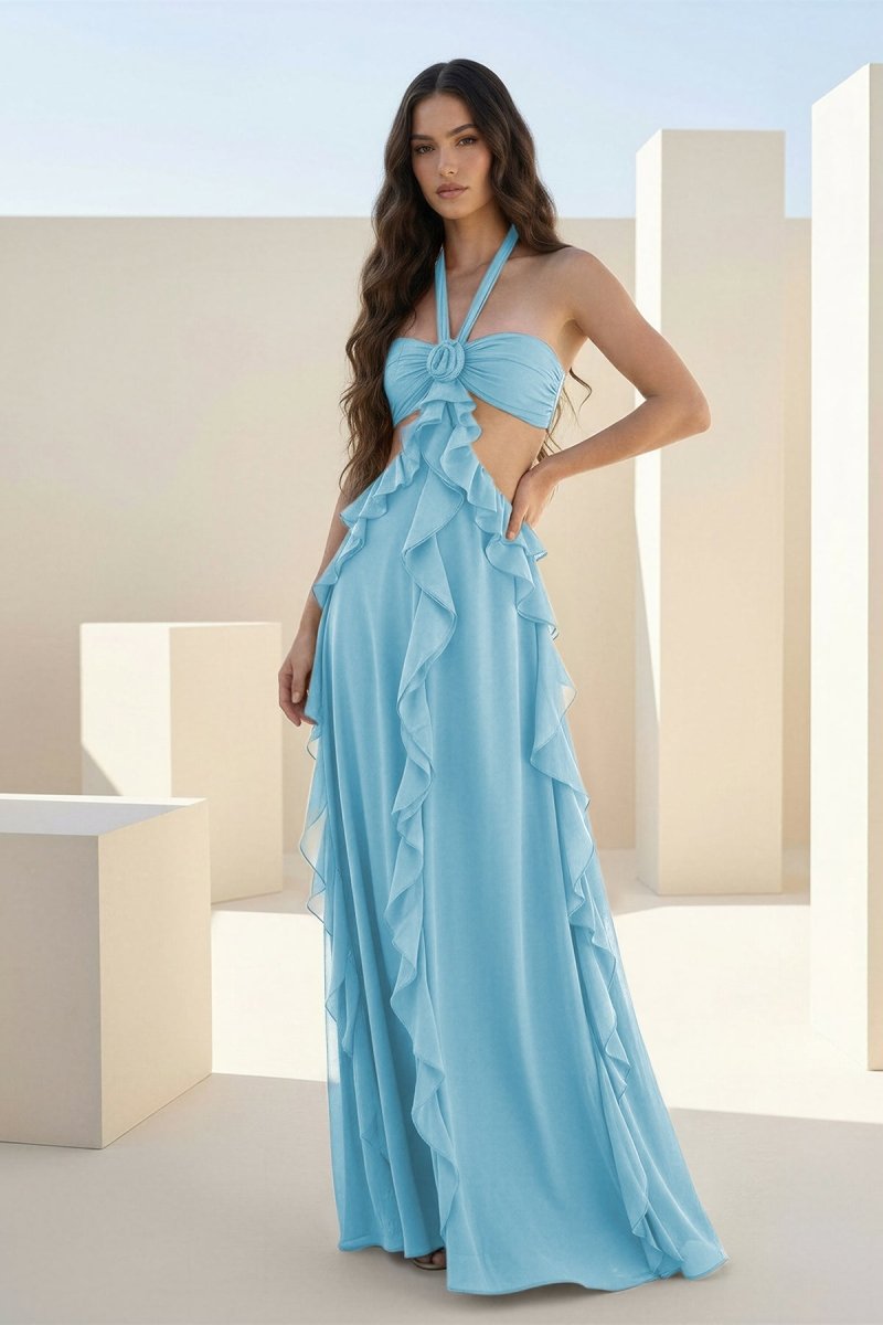 Crisia | Slate Blue - A - Line Halter Chiffon Ruffled Long Prom Dresses With Cut Out - KissProm