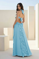 Crisia | Slate Blue - A - Line Halter Chiffon Ruffled Long Prom Dresses With Cut Out - KissProm