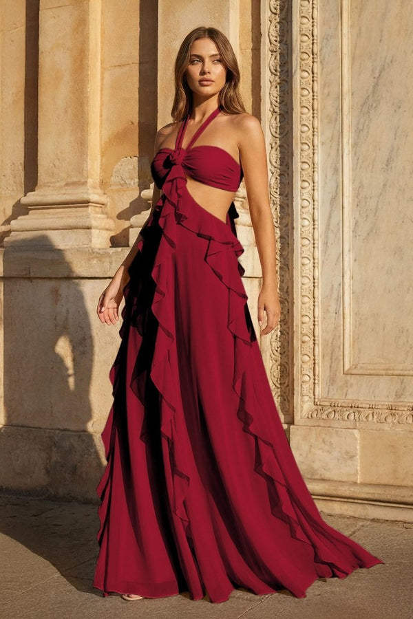 Prom Cut Out Pink A-Line Halter Chiffon Ruffled Long Prom Dresses With Cut Out