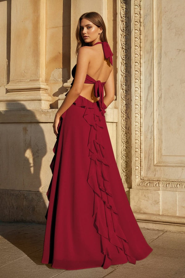 Prom Cut Out Pink A-Line Halter Chiffon Ruffled Long Prom Dresses With Cut Out