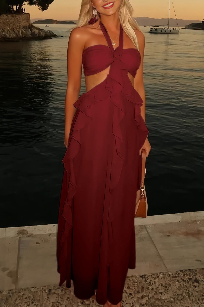 Crisia | Slate Blue - A - Line Halter Chiffon Ruffled Long Prom Dresses With Cut Out - KissProm