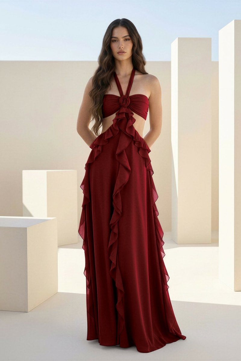 Crisia | Slate Blue - A - Line Halter Chiffon Ruffled Long Prom Dresses With Cut Out - KissProm