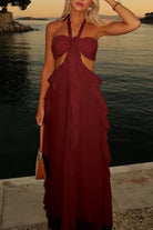 Crisia | Slate Blue - A - Line Halter Chiffon Ruffled Long Prom Dresses With Cut Out - KissProm