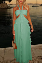 Crisia | Slate Blue - A - Line Halter Chiffon Ruffled Long Prom Dresses With Cut Out - KissProm